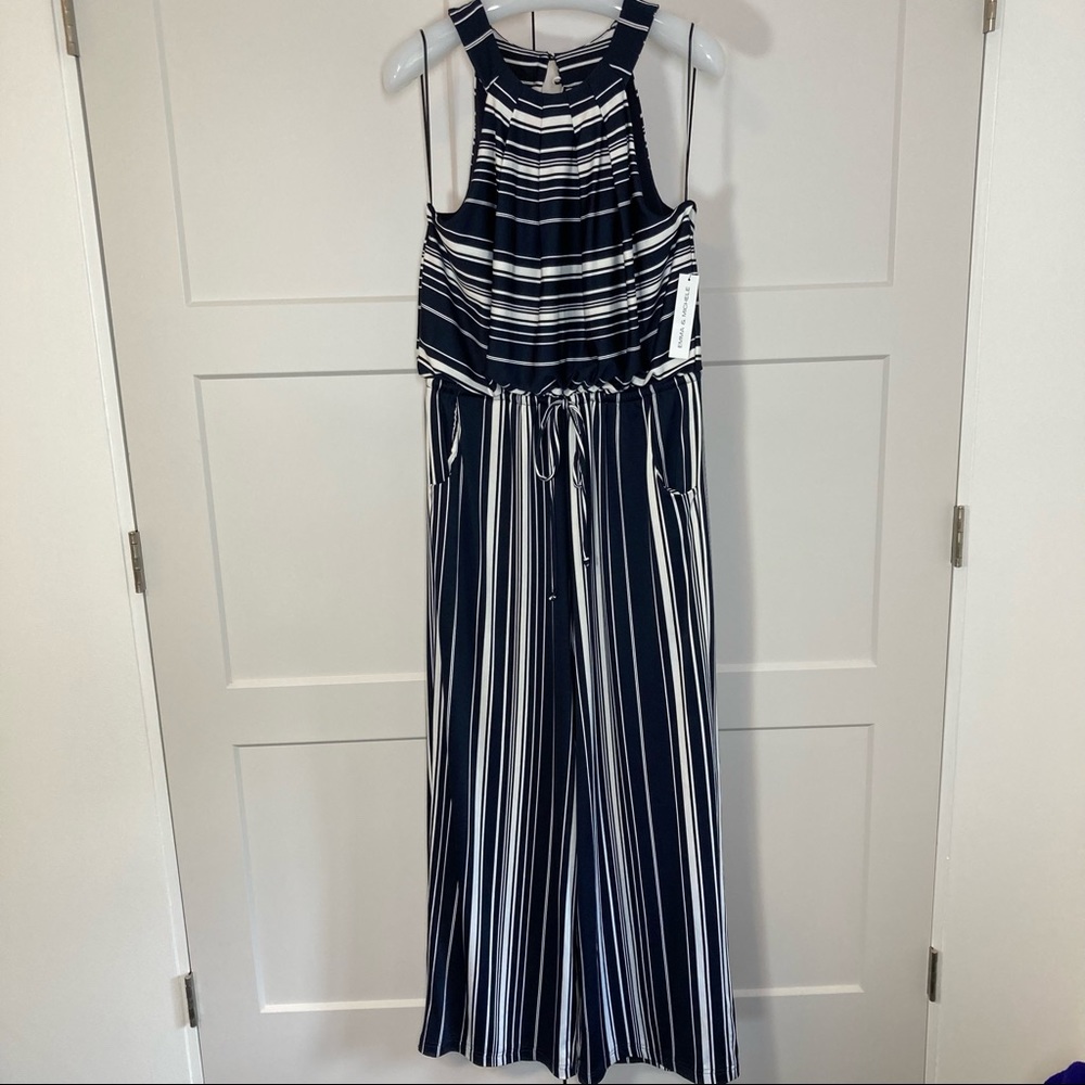 Emma & Michele Sleeveless Navy Blue Jump Suit Vertical White Stripes Large NEW